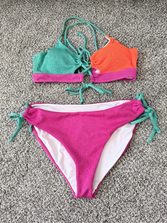 B2Prity Other - Colorblock Pink, Teal & Orange Lace-Up Bikini Set